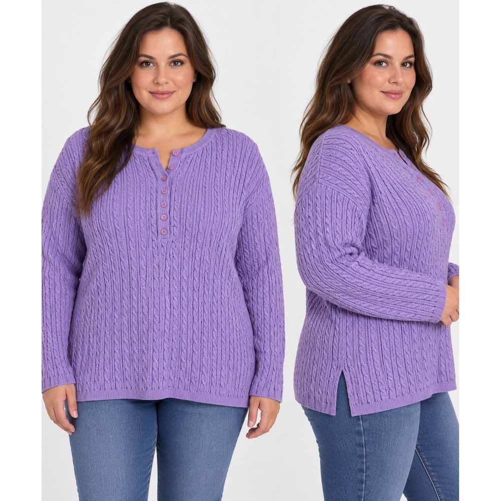 Jones New York Sweater Women's 1X Purple Cable Knit Long Sleeve Henley Pullover